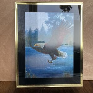 Bald Eagle Catching Fish #3147 Lenticular Holographic Foil 8x10 Framed Art VTG